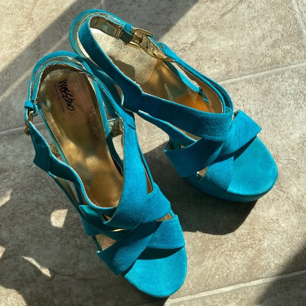 Mossino Turquoise Suede Platform Sandals Heels Size 8 - Picture 4 of 16